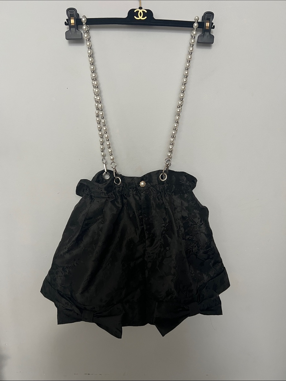 Black Floral Jacquard Shorts with Detachable Pearl Chain Straps
